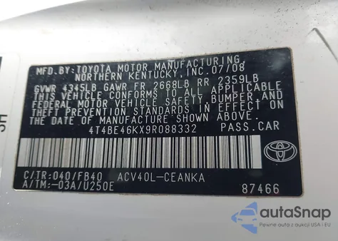 2009 Toyota Camry Le from USA, damaged, VIN 4T4BE46KX9R088332